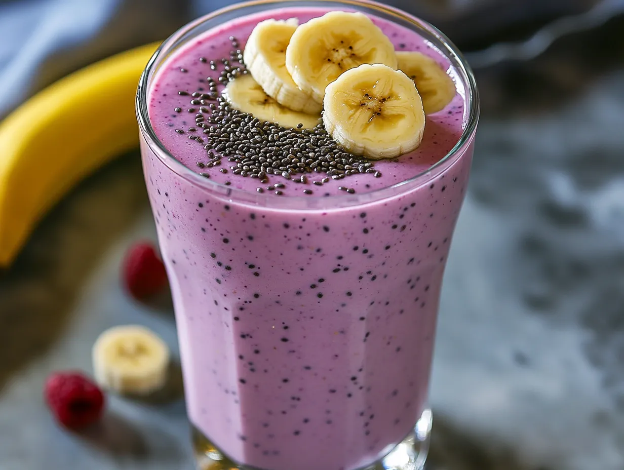 A thick, creamy berry banana Greek yogurt smoothie in a clear tall glass with fresh fruit and a straw, natural morning light, wooden background.