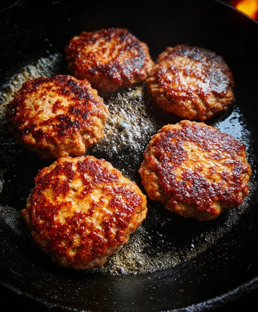 Burger patties cooking in a skillet for pizza burgers