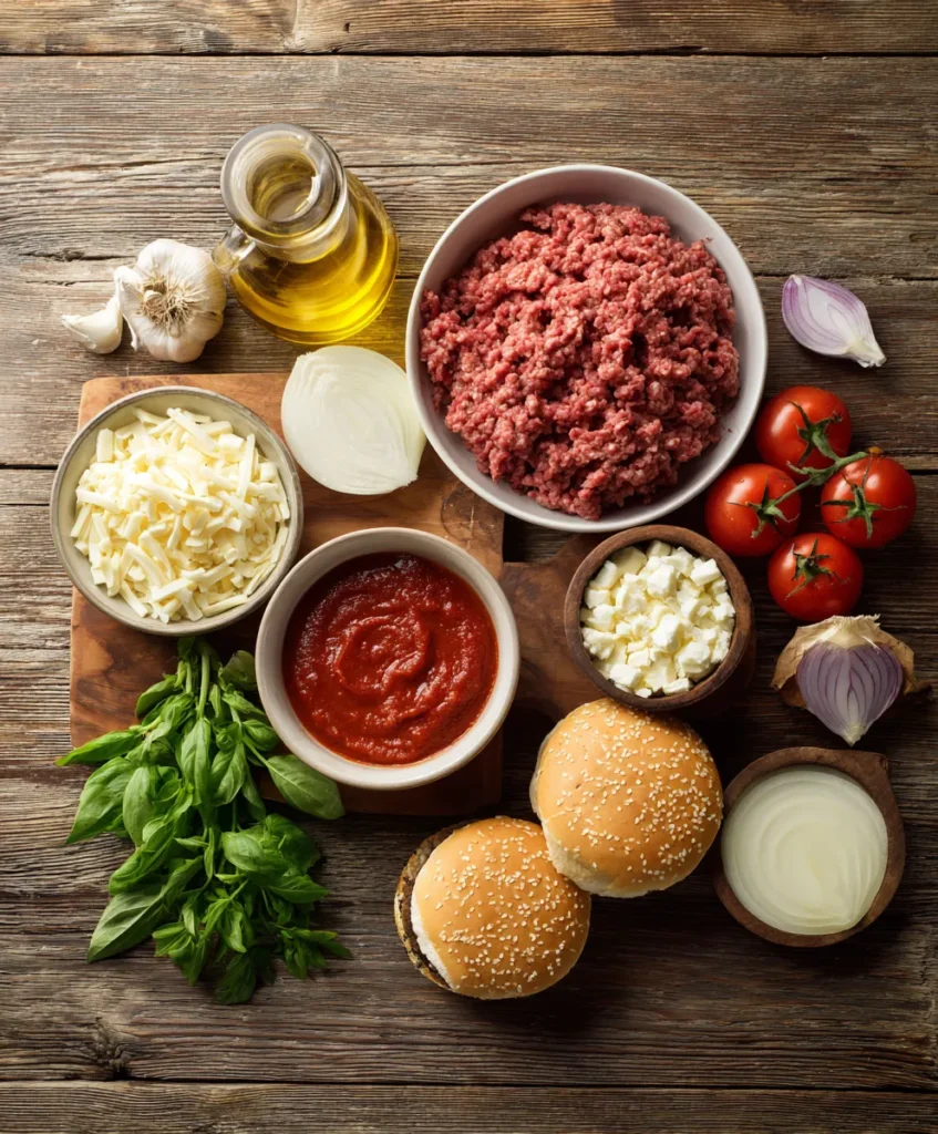 Ingredients laid out for making homemade pizza burgers