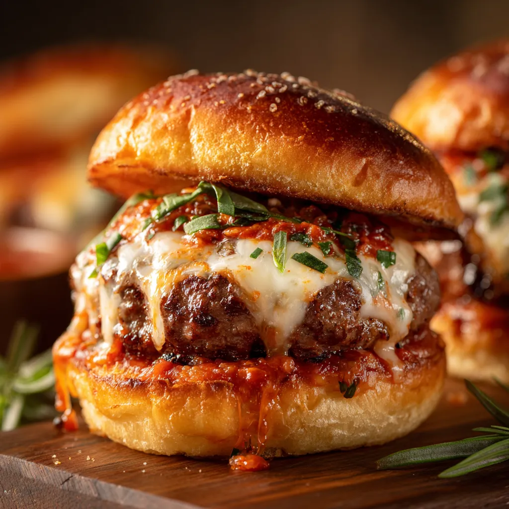 Cheesy pizza burger with sauce, melted cheese, and herbs on a golden toasted bun