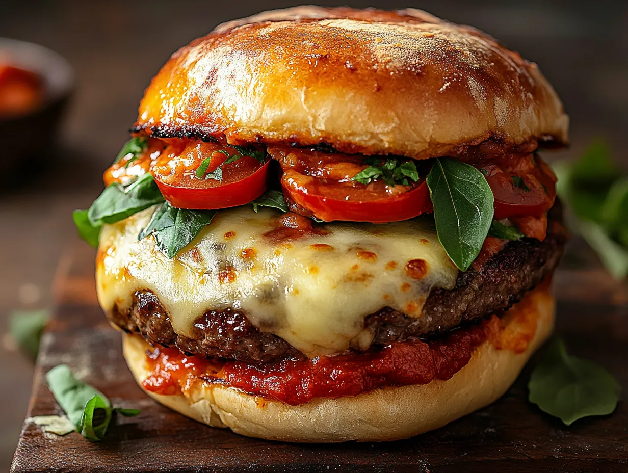 Cheesy pizza burger stacked on toasted bun with melted mozzarella