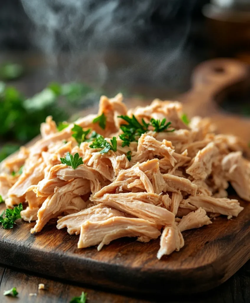 Shredded cooked chicken ready to return to soup