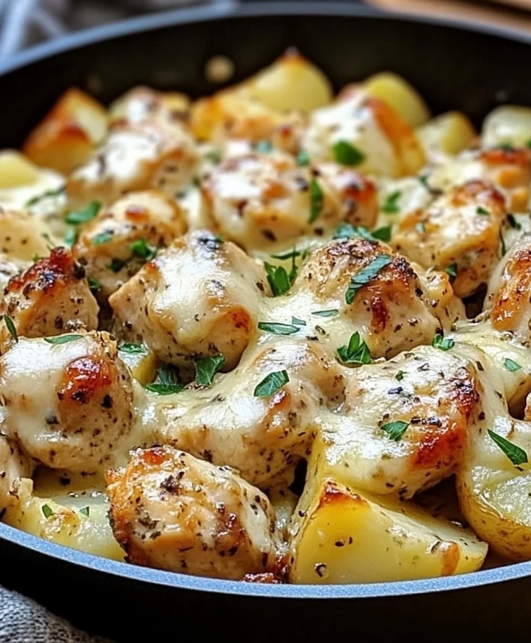 Garlic Parmesan Chicken and Potatoes Skillet 10 Close-up of garlic parmesan chicken and potatoes skillet with creamy melted cheese and golden seared chicken pieces