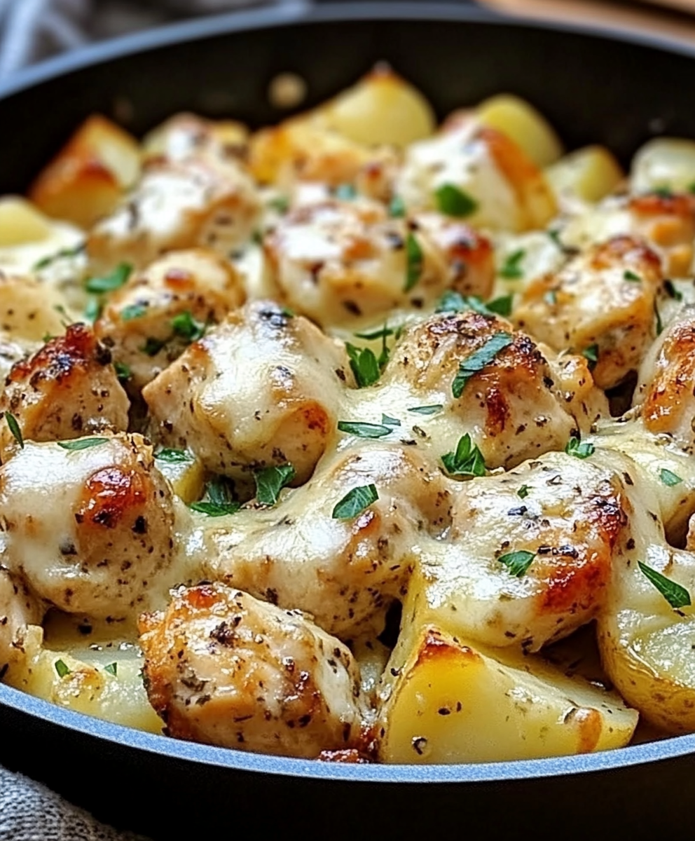Garlic Parmesan Chicken and Potatoes Skillet 1 Close-up of garlic parmesan chicken and potatoes skillet with creamy melted cheese and golden seared chicken pieces