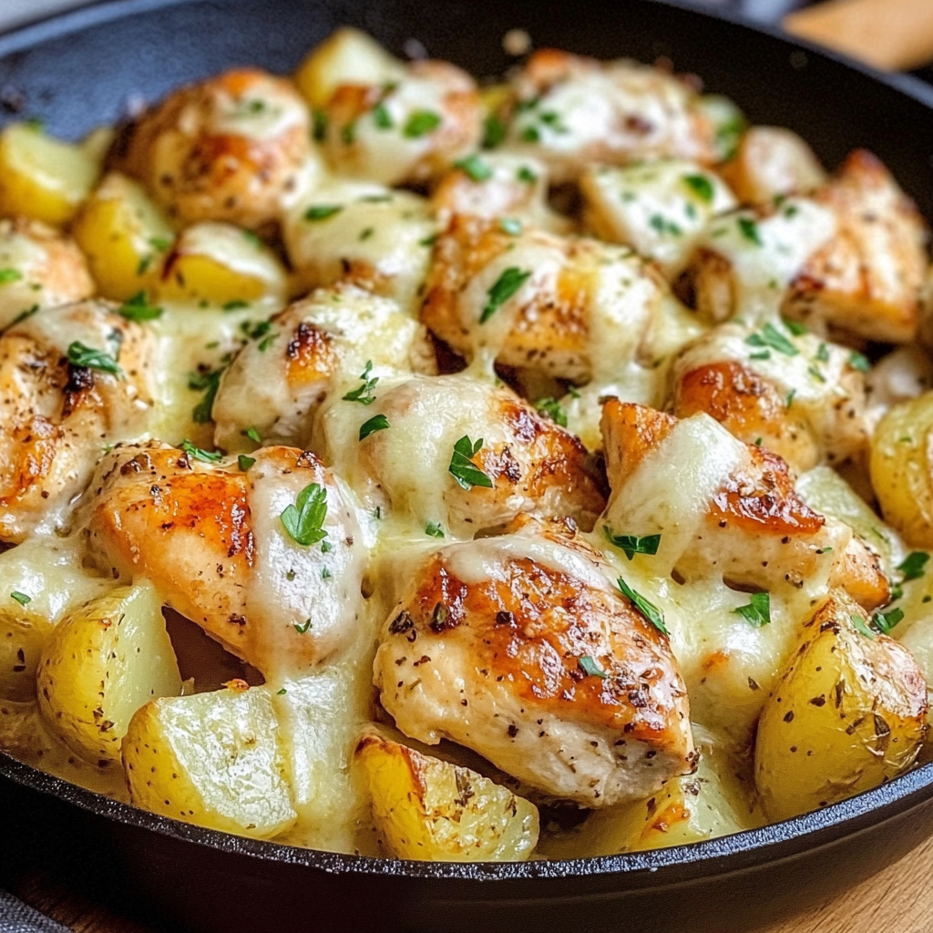 Garlic Parmesan Chicken and Potatoes Skillet 3 Close-up of golden chicken bites and crispy potatoes coated in melted cheese and herbs in a skillet