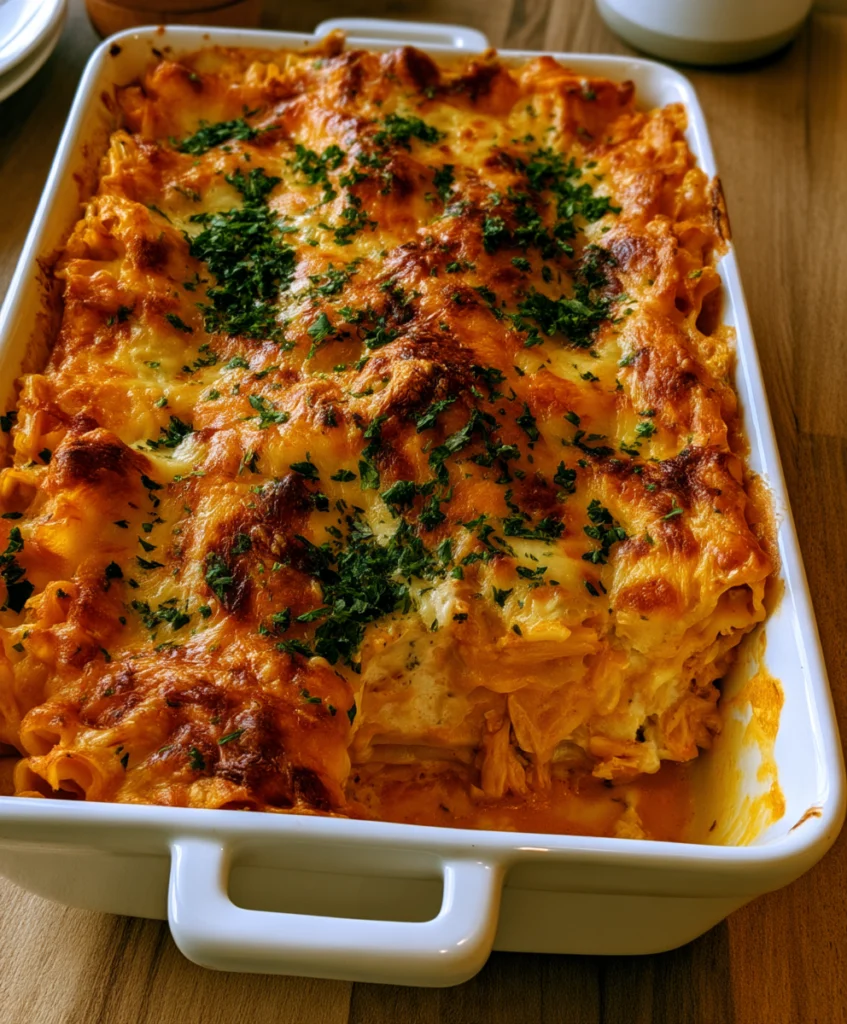 Buffalo Chicken Lasagna 2 Baked Buffalo Chicken Lasagna in a casserole dish with golden mozzarella and a slice removed.
