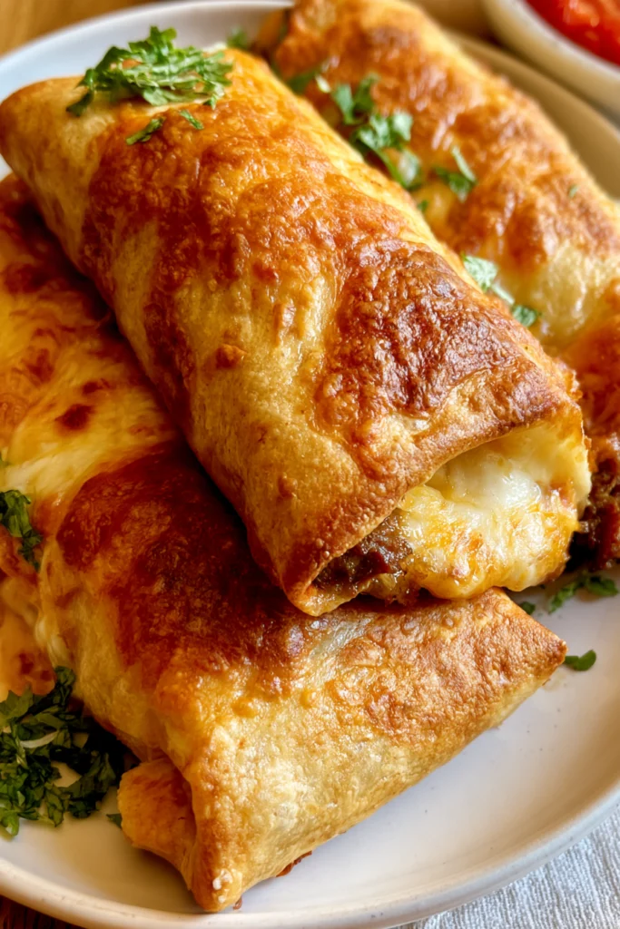 Beef and Cheese Chimichangas Recipe 3 Crispy beef and cheese chimichangas with melted cheese and fresh cilantro