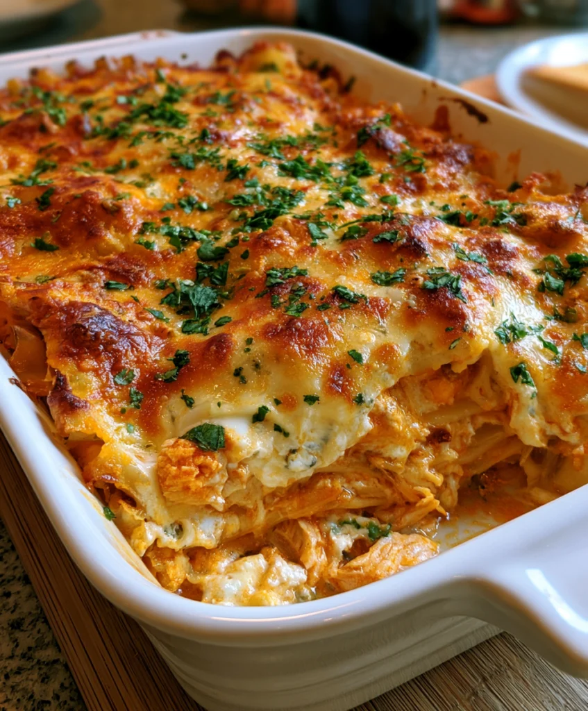 Buffalo Chicken Lasagna 3 Buffalo chicken lasagna baked in a casserole dish with melted mozzarella and shredded chicken.