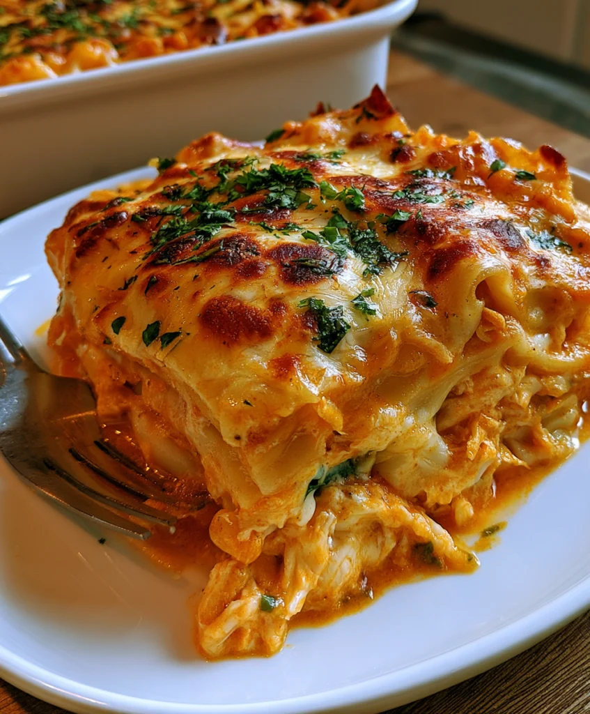 Buffalo Chicken Lasagna 4 Slice of Buffalo Chicken Lasagna with shredded chicken, creamy cheese layers, buffalo sauce, and golden melted mozzarella.