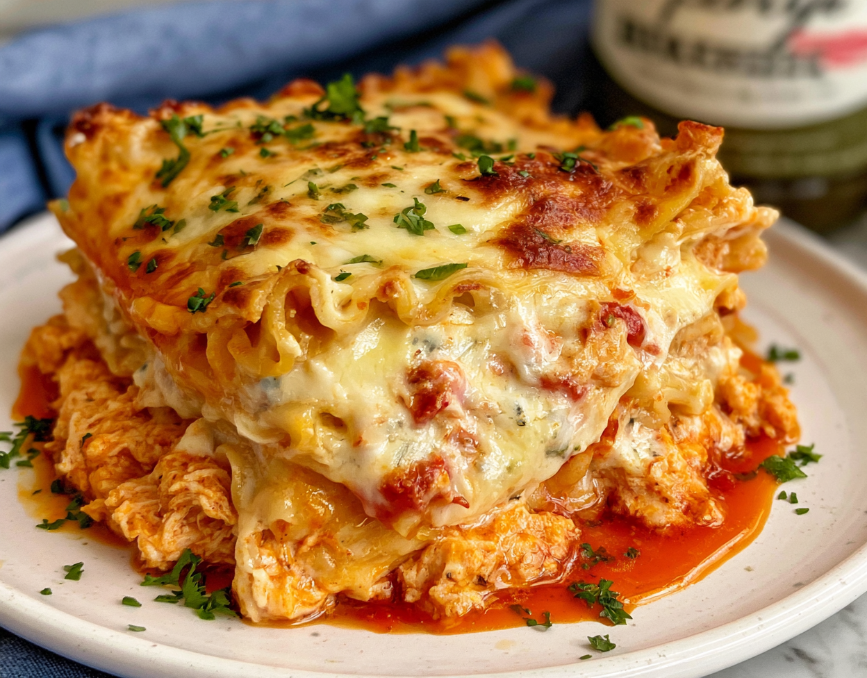 Buffalo Chicken Lasagna 5 Buffalo chicken lasagna with shredded chicken, buffalo sauce, creamy cheese layers, and melted mozzarella.